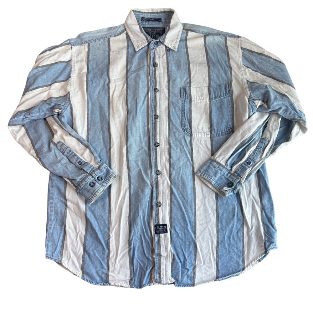 Coliseum Men's Large Denim‎ Vertical Stripe Button Down Shirt Beachy Layers
